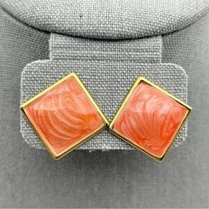 Vintage Lightweight Bright Coral Orange Swirl Stud Square Pierced Metal Earrings